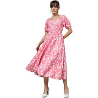 Oomph! Flared Dress For Women Stylish | Long One Piece For Women | Puff Sleeve Long Dress | Floral Print Maxi One Piece | Western & Fusion Wear Punch Pink