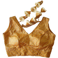 Pujia Mills Women's Phantom Silk Sequins Work Sleeveless Saree Readymade Blouse (Leheriya Blouse_Gold_38 Size)