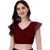 Pujia Mills Women's V Neck Orgenza Three Layer Ruffle Sleeve Frill Readymade Saree Blouse