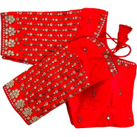 Pujia Mills Women's Trendy Embroidery Maggam Work Half Sleeve Red Saree Blouse(Maggam 2 Red_38)