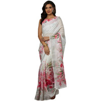 Satrani Women's Cotton Blend Floral Printed Weaving Border Saree With Unstitched Blouse Piece (4122S146N_White)