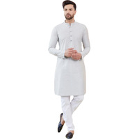 See Designs Men Long Sleeve Side Slit Mandarin Collar Off White Cotton Solid Straight Kurta - Sdkt2476L