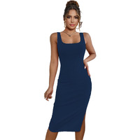 Sugathari Solid Women Navy Blue, Square Neck Ribbed Knit Sleeveless Bodycon Dress (Midi 104 N Blue M)