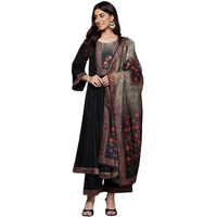 Varanga Women Black Floral Printed Embellished Anarkali Kurta Paired With Bottom And Printed Dupatta