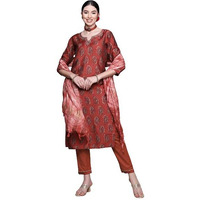 Anubhutee Women's Cotton Maroon Ethnic Motifs Printed Straight Kurta Suit Set With Pants And Dupatta