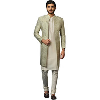 Kisah Men's Beige And Silver Indo-Western Kurta Sherwani Churidar Set Cotton Full Sleaves, Knee Length, Straight, Regular Fit, Mandarin Collar Ethnic Wear