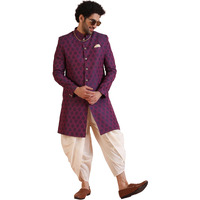 Kisah Men's Sherwani Set Indo-Western, Purple Silk, Regular Fit Mandarin Collar Long Sleeves (52)