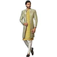 Kisah Men's Beige And Golden Indo-Western Kurta Sherwani Churidar Set Cotton Full Sleaves, Knee Length, Straight, Regular Fit, Mandarin Collar Ethnic Wear