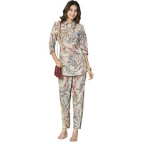 Nainvish Women's Muslin Printed Straight Shirt Collar Co-Ord Top & Pant Set (Sd626_Kb-S_Grey)