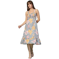 Oomph! Women's Western & Fusion Wear Printed Crepe Dress For Women, Smocked Bodice, Grey - Md1055