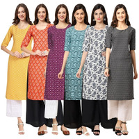 Pinkmint Women's Crepe Digital Print Straight Kurta [Pack Of 6] Multicolour