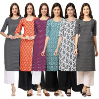 Pinkmint Women's Crepe Digital Print Straight Kurta [Pack Of 6] Multicolour