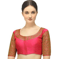 Pujia Mills Women's Phantom Silk Floral Half Sleeve Saree Blouse (Kundan_Gajari_38)