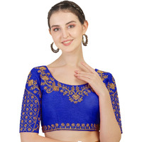Pujia Mills Women's Phantom Silk Floral Half Sleeve Saree Blouse (Floral Blouse Variation_Royal Blue_38 Size+Margin)