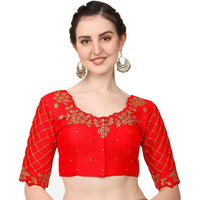 Pujia Mills Women's Embroidery Handwork, Rough Cut Work Stone Work Readymade Blouse (32, Red)