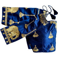 Pujia Mills Women's Heavy Embroidery Coding With Maggam Work Half Sleeve Fancy Readymade Saree Blouse(Kunjar Navy Blue_38)