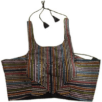 Pujia Mills Women's Sequin Embroidered Halter Neck Sleeveless Readymade Saree Blouse Indian Ethnic Designer Stitched Women's Readymade Saree Blouse Sleeveless Blouse Readymade Black Blouse For Women