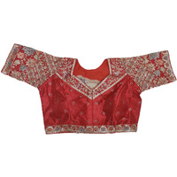 Pujia Mills Women's Ethnic Wear Golden Codding With Multi Embroidery Sequence Work Sweetheart Neck Half Sleeve Readymade Bridal Red Saree Blouse Net Cutwork Blouse For Lehenga