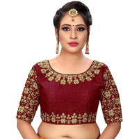 Pujia Mills Women's Phantom Silk Floral Half Sleeve Saree Blouse (Mbb_Maroon_38 Size+Margin)