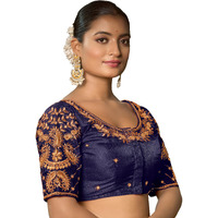 Pujia Mills Women's Readymade Blouse Embroidery Multi Coding Maggam Work Sequence Work Indian Ethnic Designer Stitched Readymade Saree Half Sleeve Navy Blouse For Women For Saree Lehenga Choli