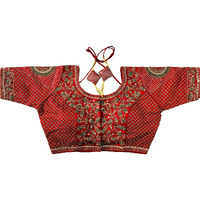 Pujia Mills Women's Copper Zari Milan Silk Multi Codding Embroidery With Sequins Half Sleeve Red Fancy Blouse 42