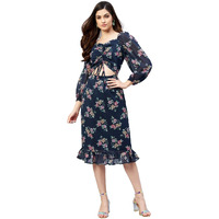 Rare Women Casual Navy Blue Colour A-Line Midi Floral Dress,Medium
