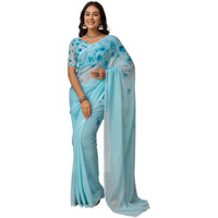 Satrani Women's Georgette Floral Printed Saree With Unstitched Blouse Piece (4141S6600N_Light Blue)