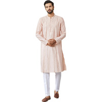 See Designs Men's Long Sleeve Mandarin Collar Side Slit Light Pink Sequins Embroidered Pure Chanderi Silk Straight Kurta - Sdkt2540L