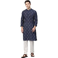 See Designs Men's Navy Blue Printed Cotton Mandarin Collar Side Slit Kurta With Pyajama - Sd2Kt88901L
