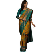 Satrani Women's Silk Blend Weaving Banarasi Saree With Unstitched Blouse Piece (4121S2913N_Mustard Yellow & Teal Green)