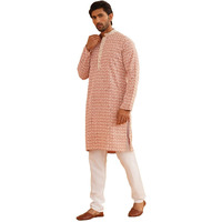 Sojanya (Since 1958 Men's Cotton Gold Embroidered Sequinned Peach Kurta With White Churidar Pyjama