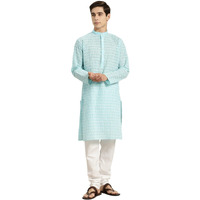Sojanya (Since 1958 Men's Pure Cotton Blue Kurta With White Embroidery And White Pyjama Set