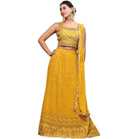 Stylum Women's Embroidered Georgette Lehenga & Blouse With Dupatta (Lehmustardmannat42_Mustard, Xl)