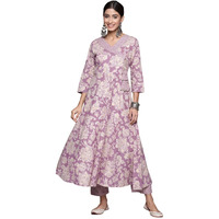 Varanga Women Purple Floral Printed Angrakha Style Anarkali Kurta Paired With Printed Bottom.