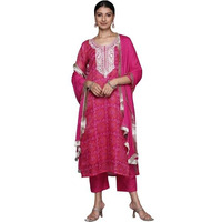 Varanga Women Fuchsia Bandhani Printed Gota Yoke Embroidered Straight Kurta, Paired With Tonal Bottom And Dupatta.