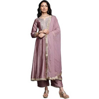 Varanga Women's Mauve Zari Embroidered Sequins Embellished Anarkali Kurta With Bottom And Dupatta