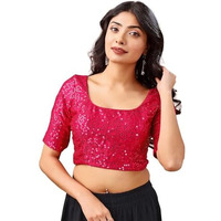 Womanista Women's Velvet Solid Short Sleeve Regular Fit Sequinned Blouse (Bl_81_Pink Xl)