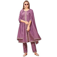 Womens Latest Pure Art Silk Embroidery Work Kurta, Pant With Dupatta Set | Women Stylish Kurta Set For Occasion (Medium, Lavender)