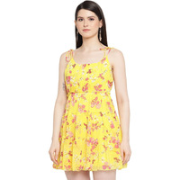 Sugathari Women's Yellow Chiffon Solid Floral Off Shoulder Fit & Flare Dress For Women (Dress2 56 Yellow M)