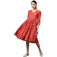 Anubhutee Women's Cotton Geometric Bandhani Printed A-Line Indo Western Dress Anu2001293_Xl_Red