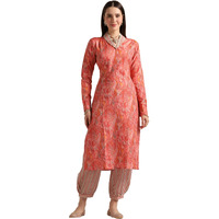 Greciilooks Women Cotton Blend Casual Regular Fit Kurta Pant Set (Red, Medium)