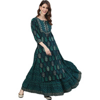 Ishin Women's Pure Cotton Navy Blue Embellished Yoke Straight Kurta Set With Skirt