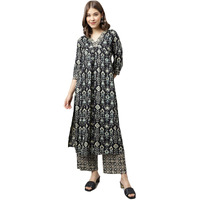 Fiorra Women's Black Cotton A-Line Kurta With Palazzo Set0099 Black