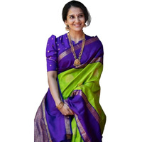 Flosive Ayn Women's Present Banarasi Soft Lichi Silk Saree Beautiful Jacquard Rich Pallu Design Work Zari Woven Silk Style Saree With Soft Lichi Silk Blouse Piece (Parrot & Blue)