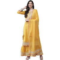 Ishin Women's Cotton A-Line Embroidered Kurta Suit Set With Dupatta & Sharara Kpldsrd-19010_L_Mustard