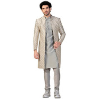 Kisah Men's Indo-Western Kurta Sherwani Churidar Set, Grey Silk Blend, Woven Design Regular Fit Mandarin Collar Long Sleeves|38