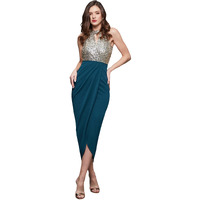 Miss Chase Women's Teal Halter Neck Sleeveless Solid Embellished Midi Dress (Mcaw21D13-17-83-06, Teal, Xl)