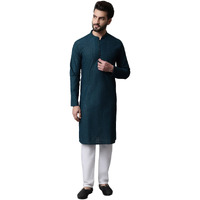 Jompers Men Teal Blue Embroidered Pure Cotton Kurta With Pyjamas (Teal, S)