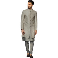 Kisah Men's Grey Indo-Western Kurta Sherwani Churidar Set Cotton Full Sleaves, Knee Length, Straight, Regular Fit, Mandarin Collar Ethnic Casual (36)