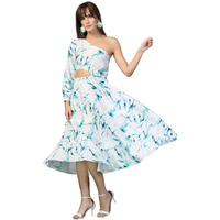 Oomph! Women's Western & Fusion Wear Printed Crepe Dress For Women, One Shoulder, Blue - Md1081